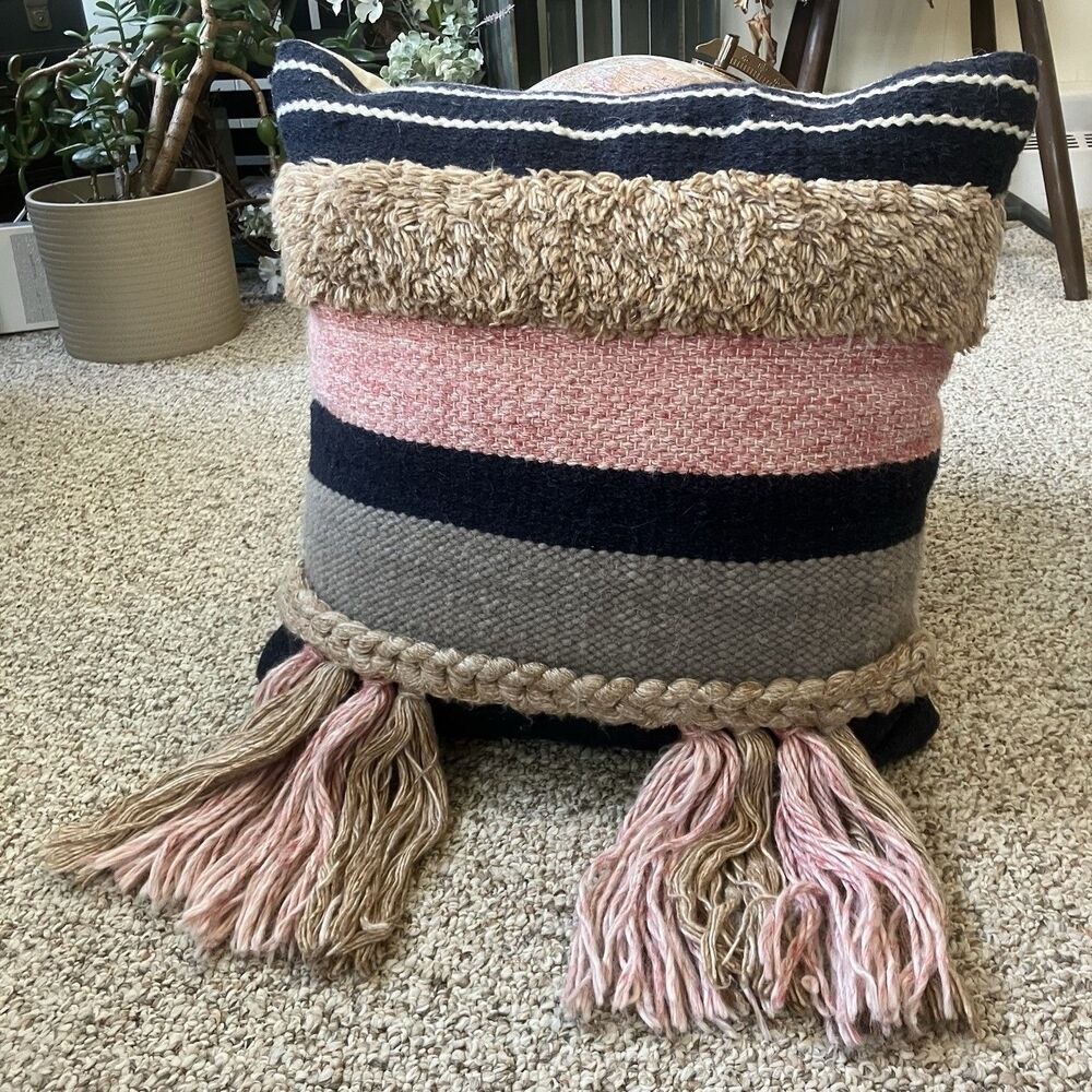 World Market Fringe Pillow Wool Cotton Boho Neutral Blue Pink Tan Braided Hippie - Picture 9 of 9